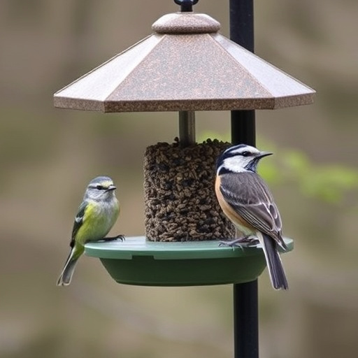 Birds perched on compact feeding station