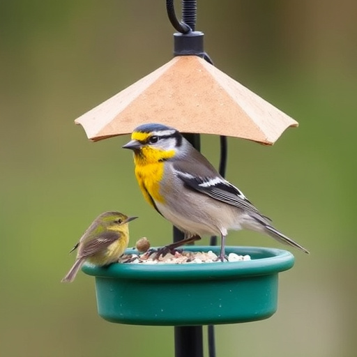 Birds perched on compact feeding station