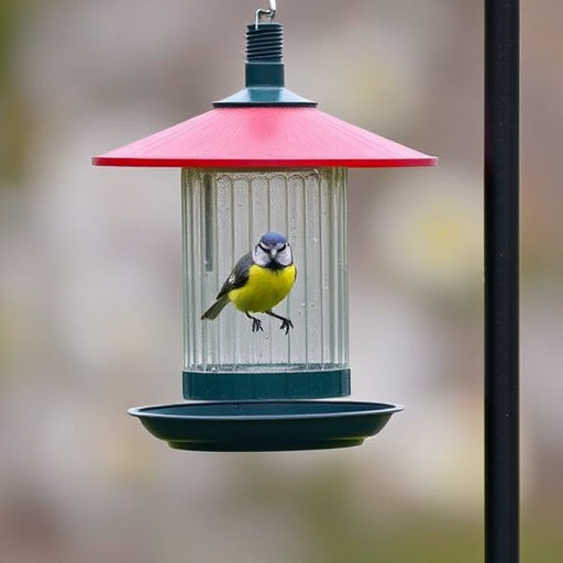 Birds perched on freestanding tray feeder
