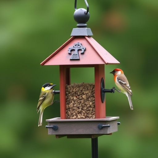 Birds perched on freestanding tray feeder