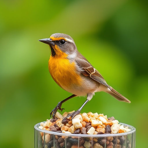Birds perched on freestanding tray feeder