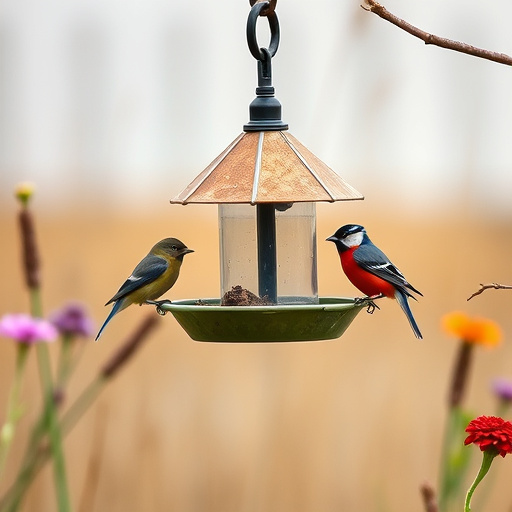 Birds perched on freestanding tray feeder