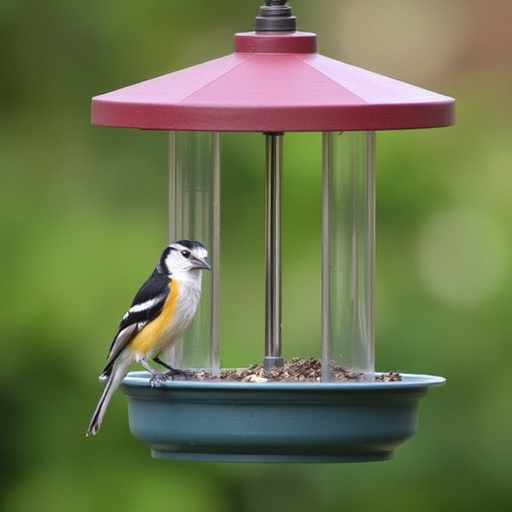 Birds perched on freestanding tray feeder