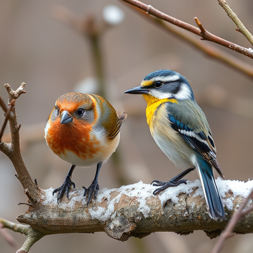 Birds perched on snowy bird feeder