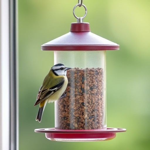 Birds perched on transparent window feeder