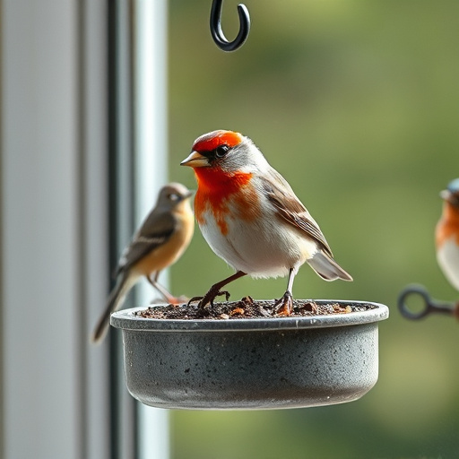 Birds perched on transparent window feeder