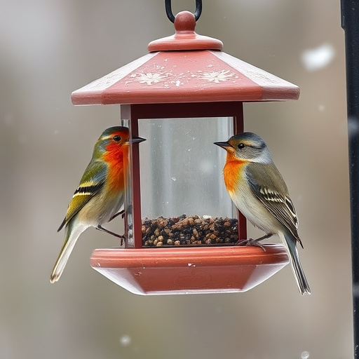Birds sheltering under weatherproof feeder