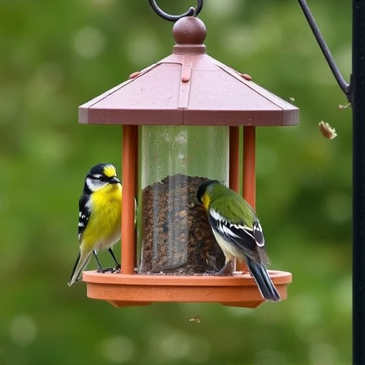Birds sheltering under weatherproof feeder