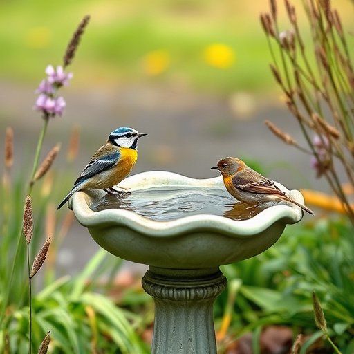 Blackbird drinking from moss-covered pedestal bath