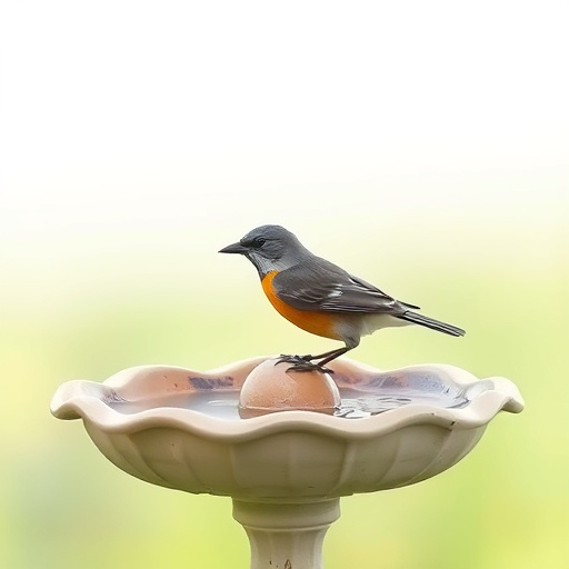 Blackbird drinking from moss-covered pedestal bath