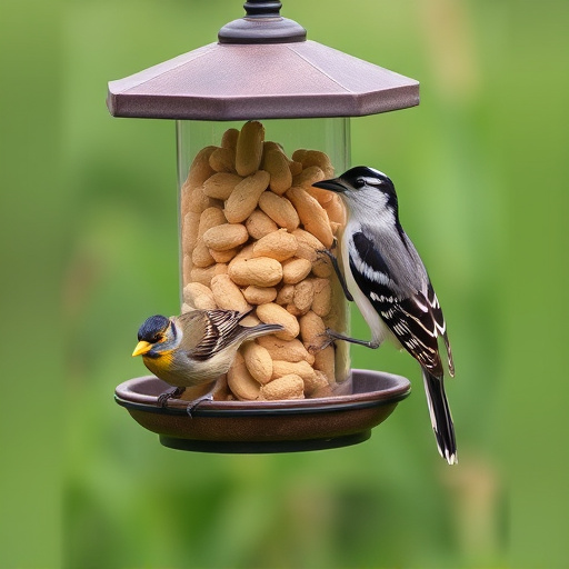 Blue tit feeding on hanging peanut feeder