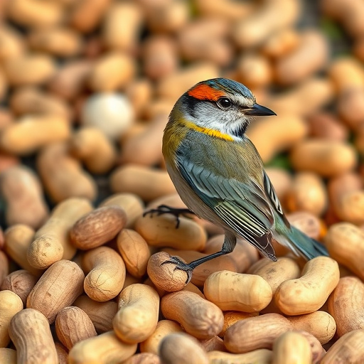 Blue tit feeding on hanging peanut feeder