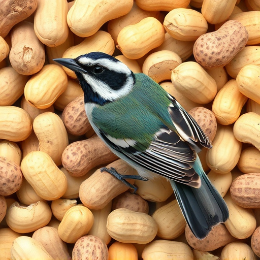 Blue tit feeding on hanging peanut feeder