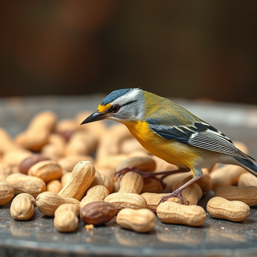 Blue tit feeding on hanging peanut feeder