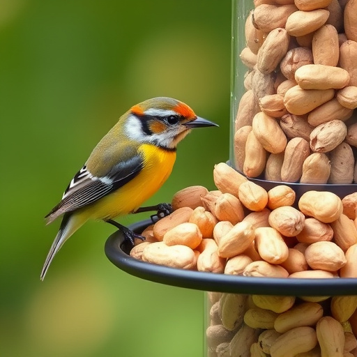 Blue tit feeding on hanging peanut feeder