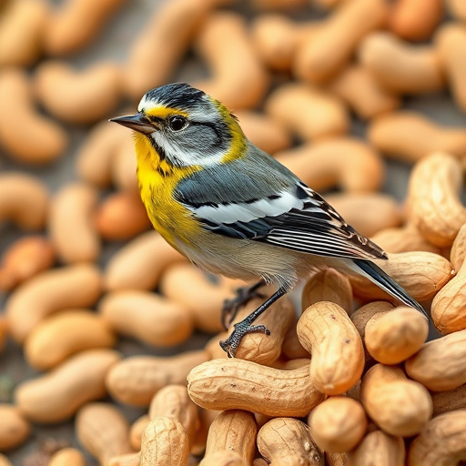 Blue tit feeding on hanging peanut feeder