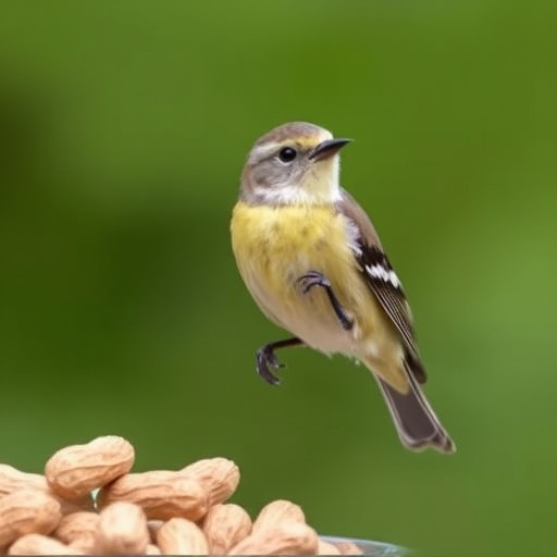 Blue tit feeding on hanging peanut feeder