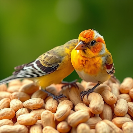 Blue tit holding peanut piece