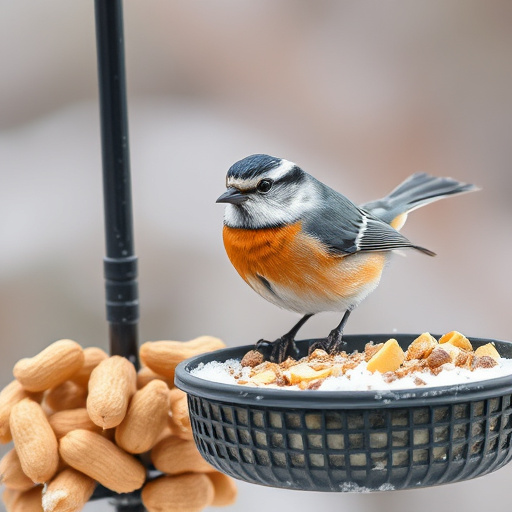 Blue tit holding peanut piece