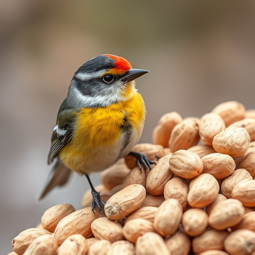 Blue tit holding peanut piece