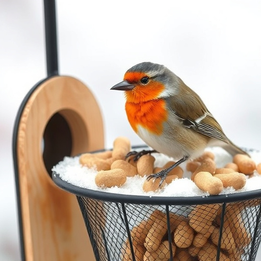 Blue tit holding peanut piece