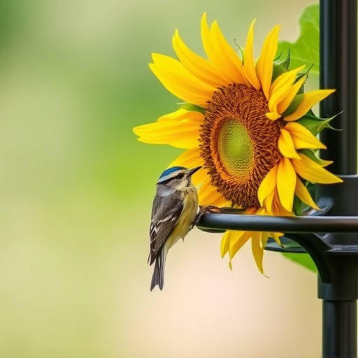 Blue tit holding sunflower heart in beak