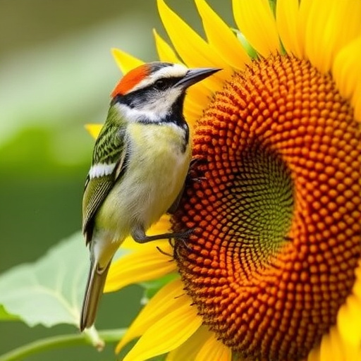 Blue tit holding sunflower heart in beak