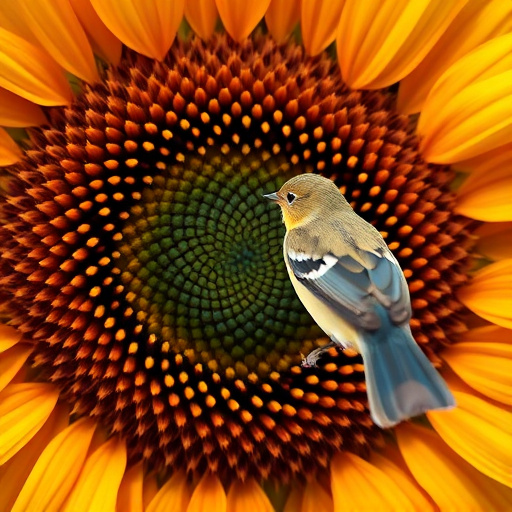 Blue tit holding sunflower heart in beak