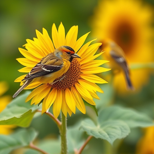 Blue tit holding sunflower heart in beak