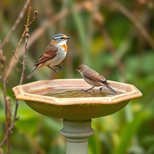 Blue tits bathing in shallow ceramic bowl