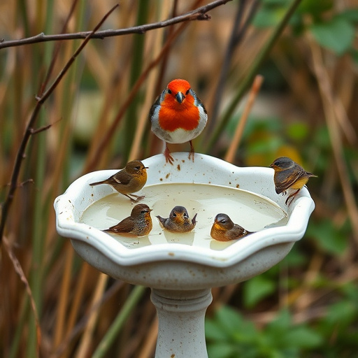 Blue tits bathing in shallow ceramic bowl