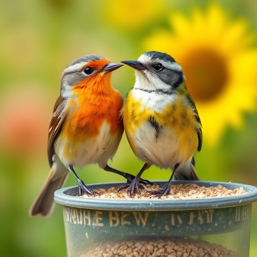 Bright garden scene with feeding birds