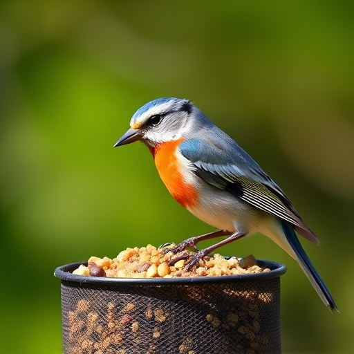 Bright garden scene with feeding birds