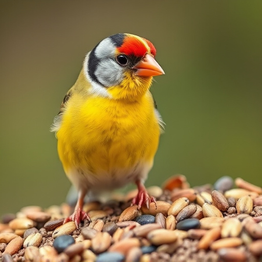 Bright yellow finch perched on mesh tube