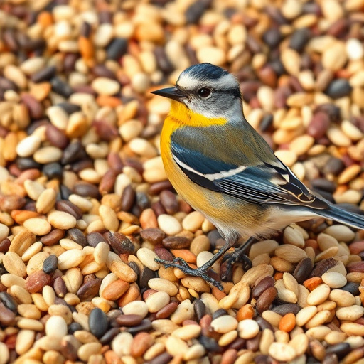 Bulk sacks of bird food stacked outdoors