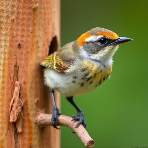 Careful feeding of baby bird outdoors