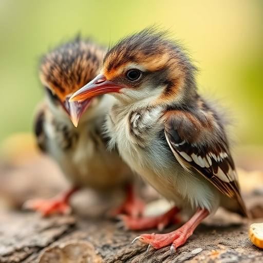 Careful feeding of baby bird outdoors