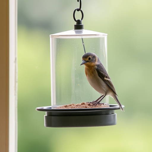 Clear window-mounted bird feeder with birds