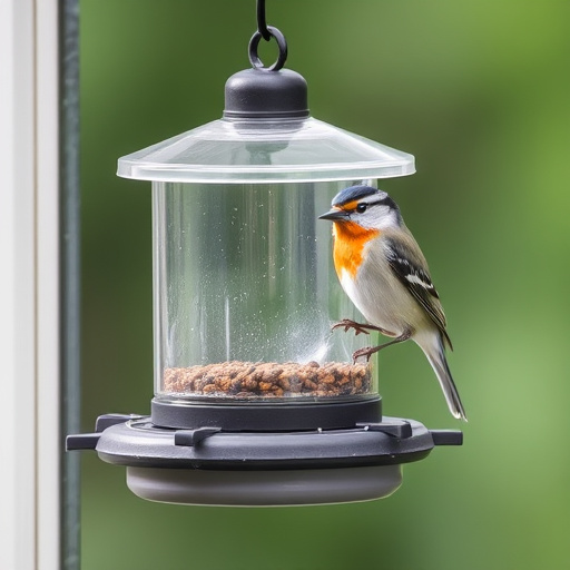 Clear window-mounted bird feeder with birds