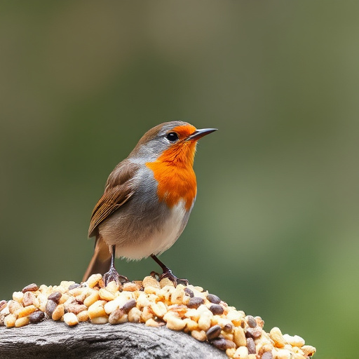 Close-up of seeds attracting small robins