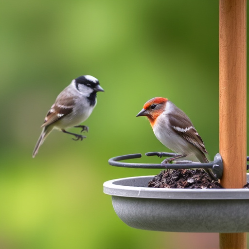 Close-up of sparrows at ground feeder