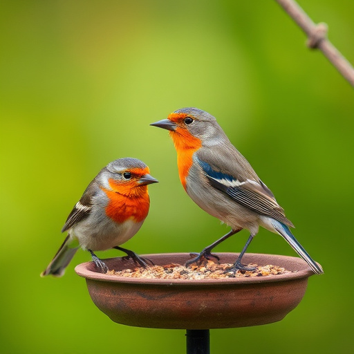 Colorful birds on hanging feeders