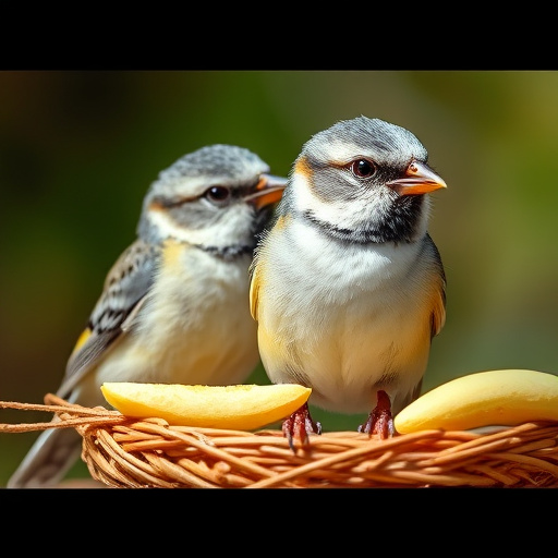Colorful birds on hanging feeders