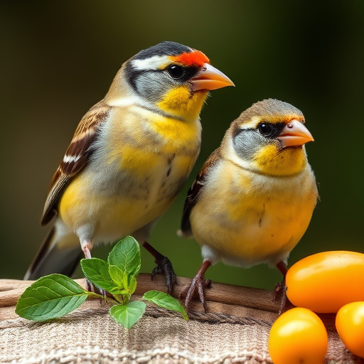 Colourful finches perched near seed mix