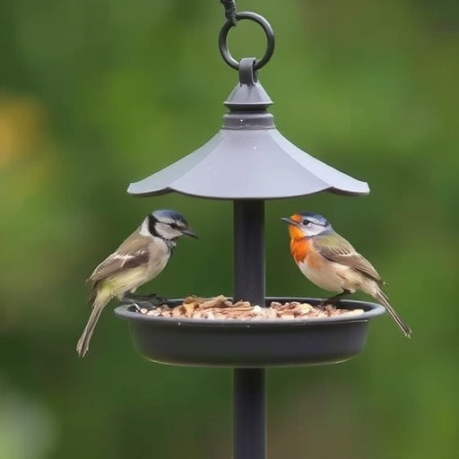 Covered tray feeder on garden lawn