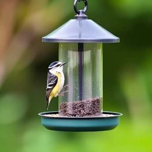 Cylindrical suet cage beside bird table