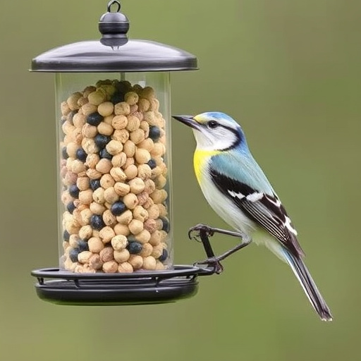 Cylindrical suet cage beside bird table