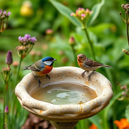 Decorative bird bath with blue tits bathing