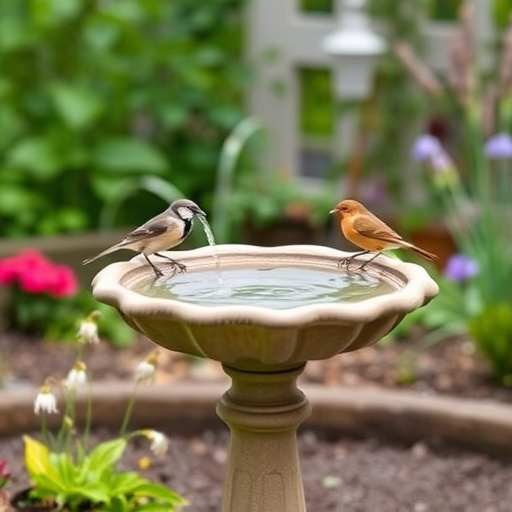Decorative bird bath with blue tits bathing