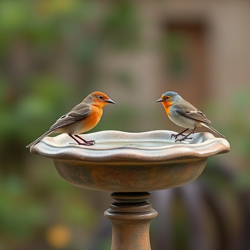 Decorative bird bath with blue tits bathing